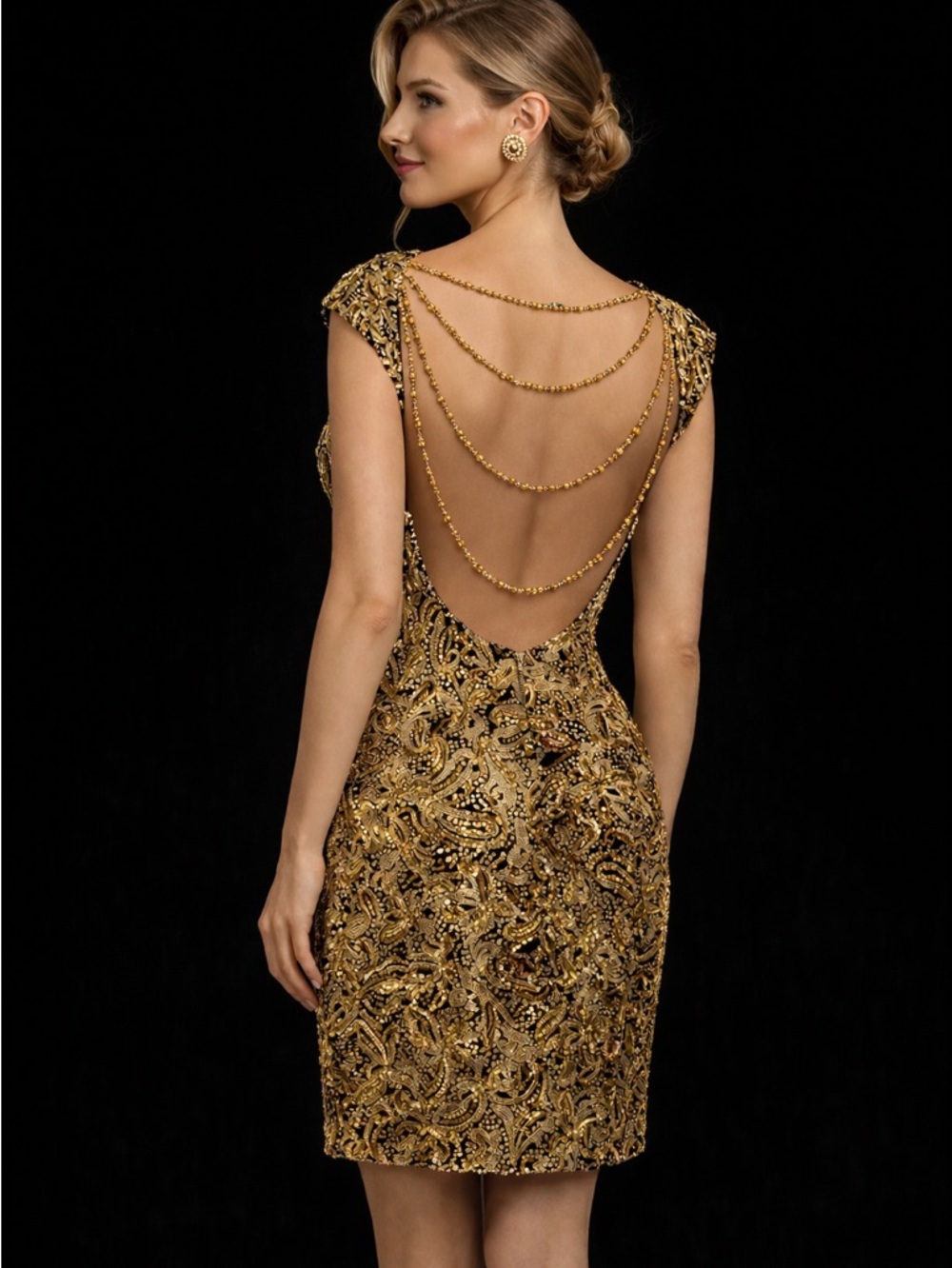 Alyce Paris Gold Sequin Beaded Open Back Chain Dress Size 6 Glam Cocktail Party